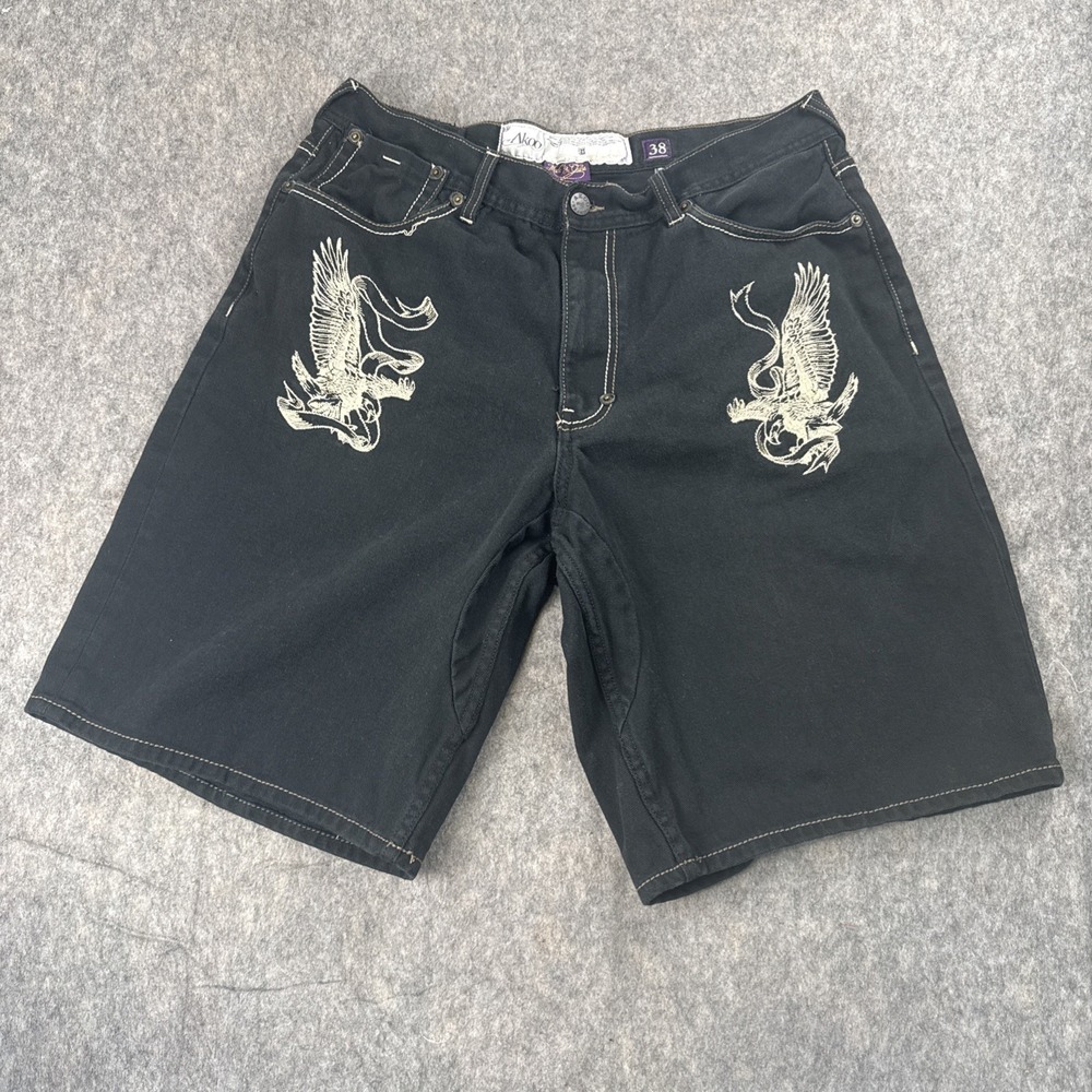AKOO Men's Black Denim Shorts Size 38 Embroidered Y2K Hip Hop Streetwear